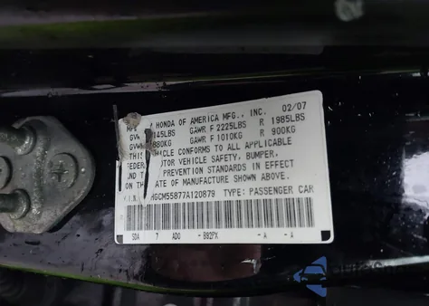 2007 Honda Accord 2.4 Ex z USA, uszkodzony, nr VIN 1HGCM55877A120879